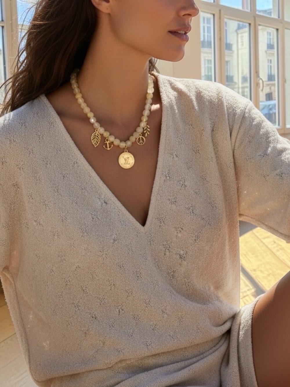 Beaded Necklace with off white  Faceted Beads and Round Pendant